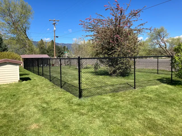 Black chain-link fence enclosing a green residential yard